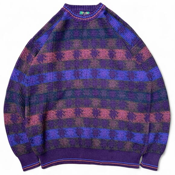 Vintage Abstract Purple Orange Geometric Pattern Knit Sweater Strip Square 3XL - Picture 1 of 6